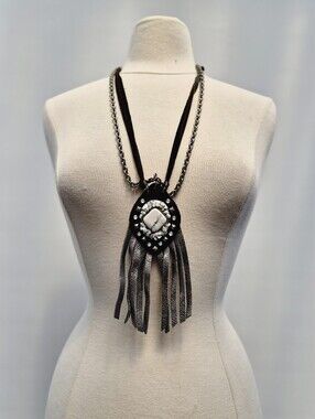 Leatherock Western Rocker Fringe Necklace White Stone Studded Black Leather Cord